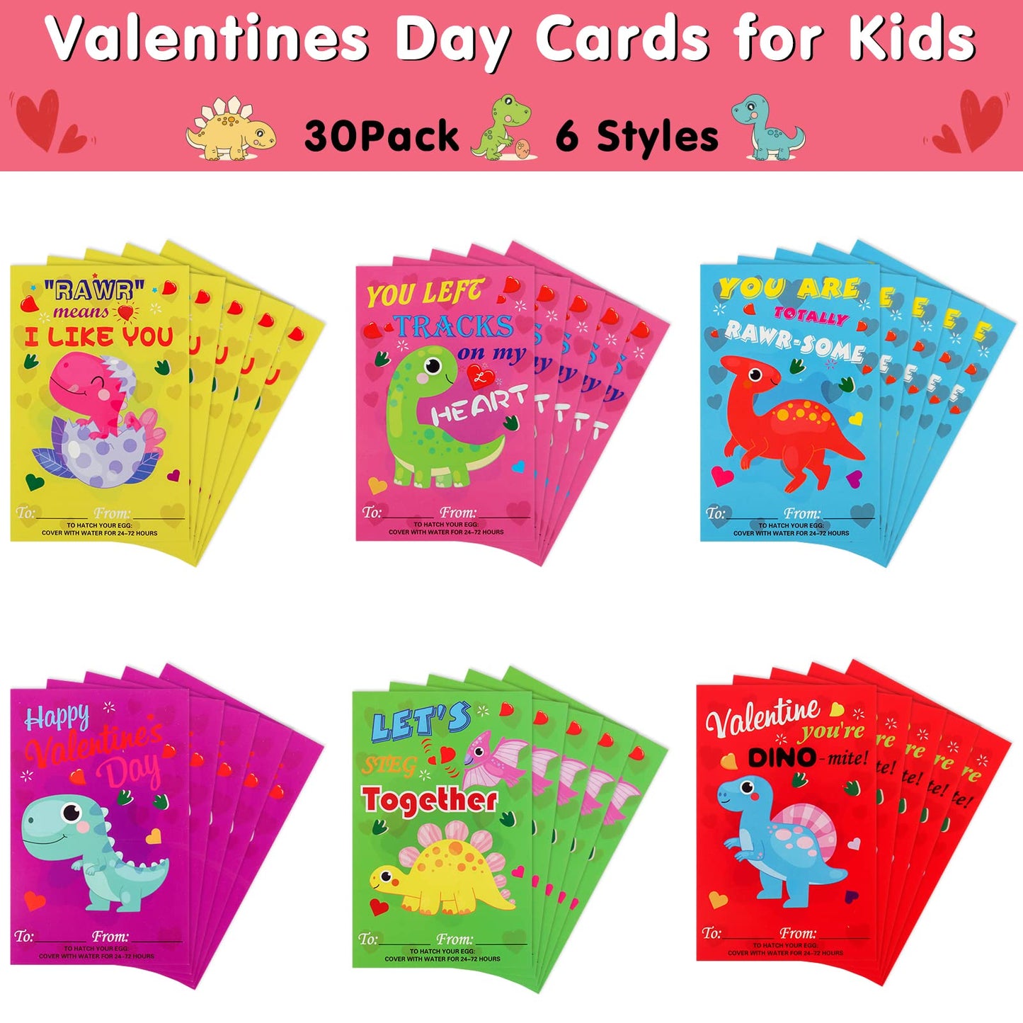 ANPHILE Valentines Dinosaur Pary Favors, 30 Pack Valentines Cards with Dinosaur Eggs Hatching Bulk, Valentines Day Gifts for Kid