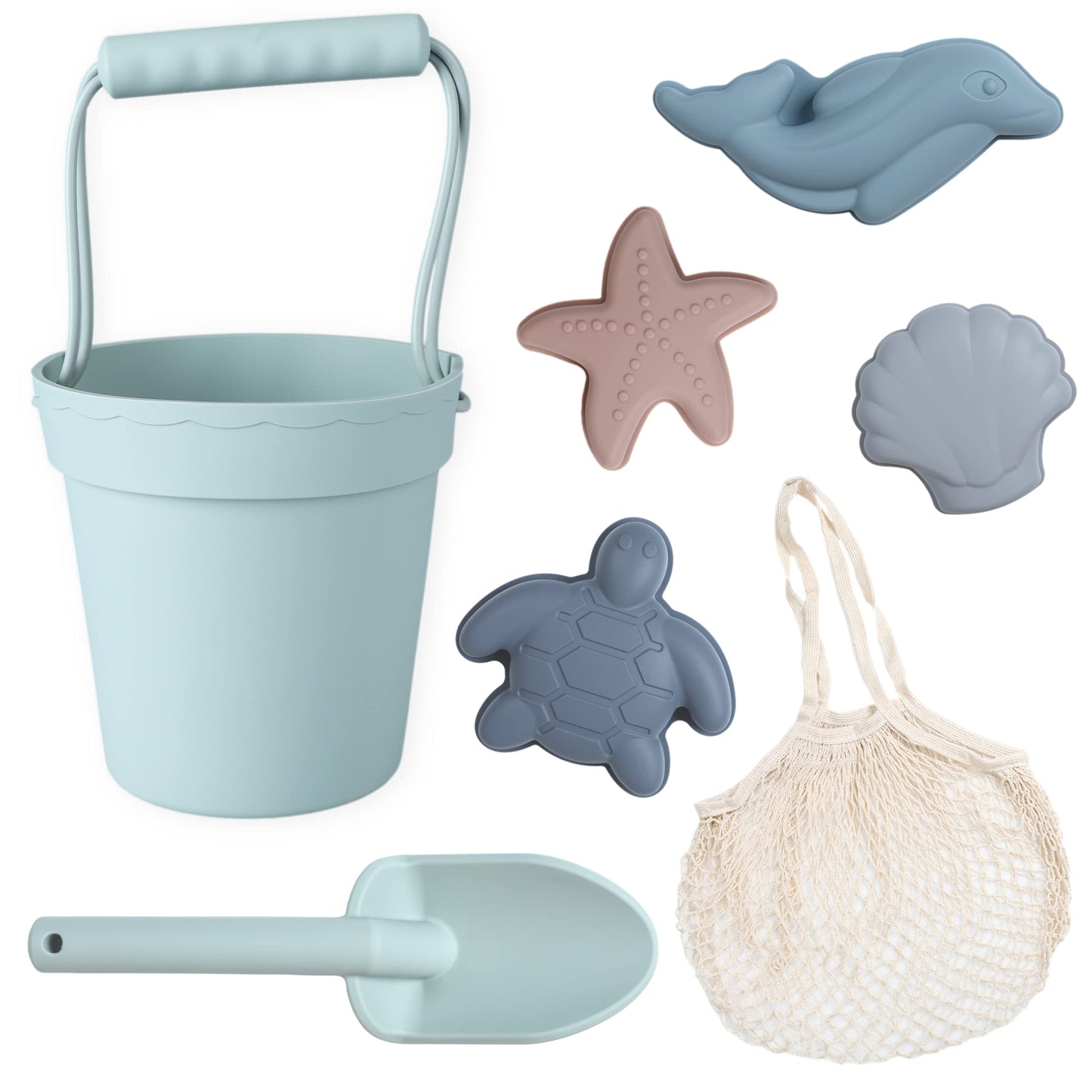 BLUE GINKGO Silicone Beach Toys - Modern Baby | Travel Friendly Set Bucket, Shovel, 4 Sand Molds, Bag for Toddlers, Kids Green