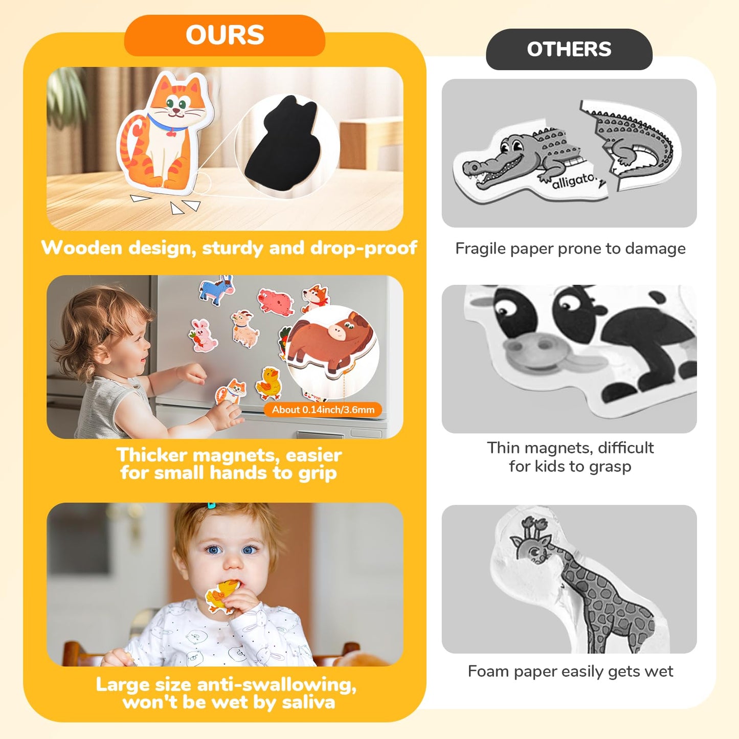 JoyCat Wooden Fridge Magnets for Toddlers, 20 Cute Animals Refrigerator Magnets for Kids, Full Back Magnetic Toys, Fun Education