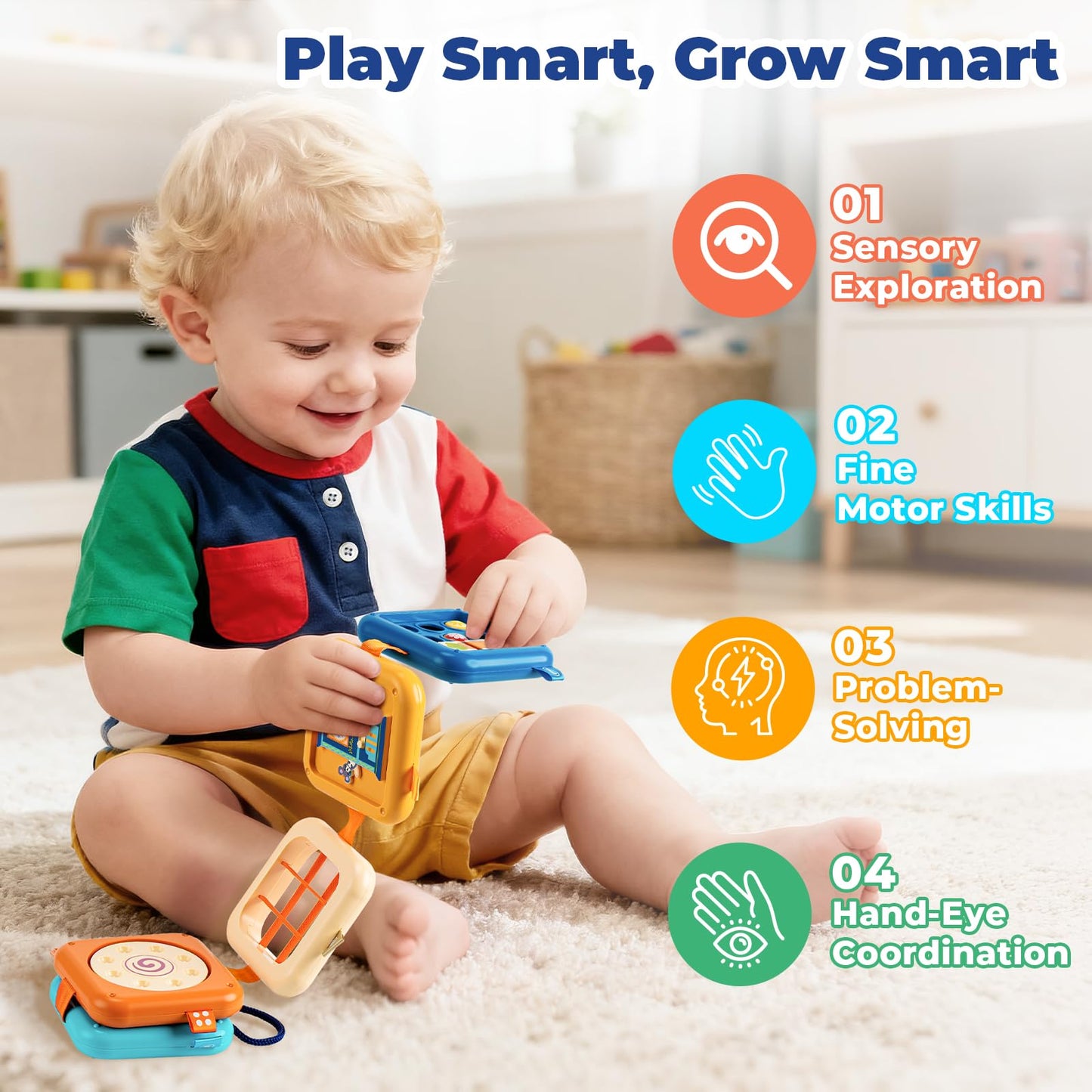 SOCBTNSO Busy Board for Toddlers, Travel Toy, Medium Cube, Plastic, Multi-Color (White, Purple, Green, Brown, Red, Yellow)