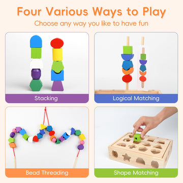 3 In 1 Wooden Color Sorting Stacking Toys, Montessori Toys Geometric Shape Sorter Matching Toys Lacing Beads Sequencing Toy Set