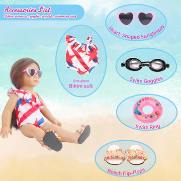 Msyo 18 Inch Doll Summer Outfits Set, Vibrant Doll Swimming Playset For American Doll Girls, Includes Doll Bikini Swimsuits, Heart-Shaped Sunglasses, Goggles, Sandals And Inflated Swimming Ring