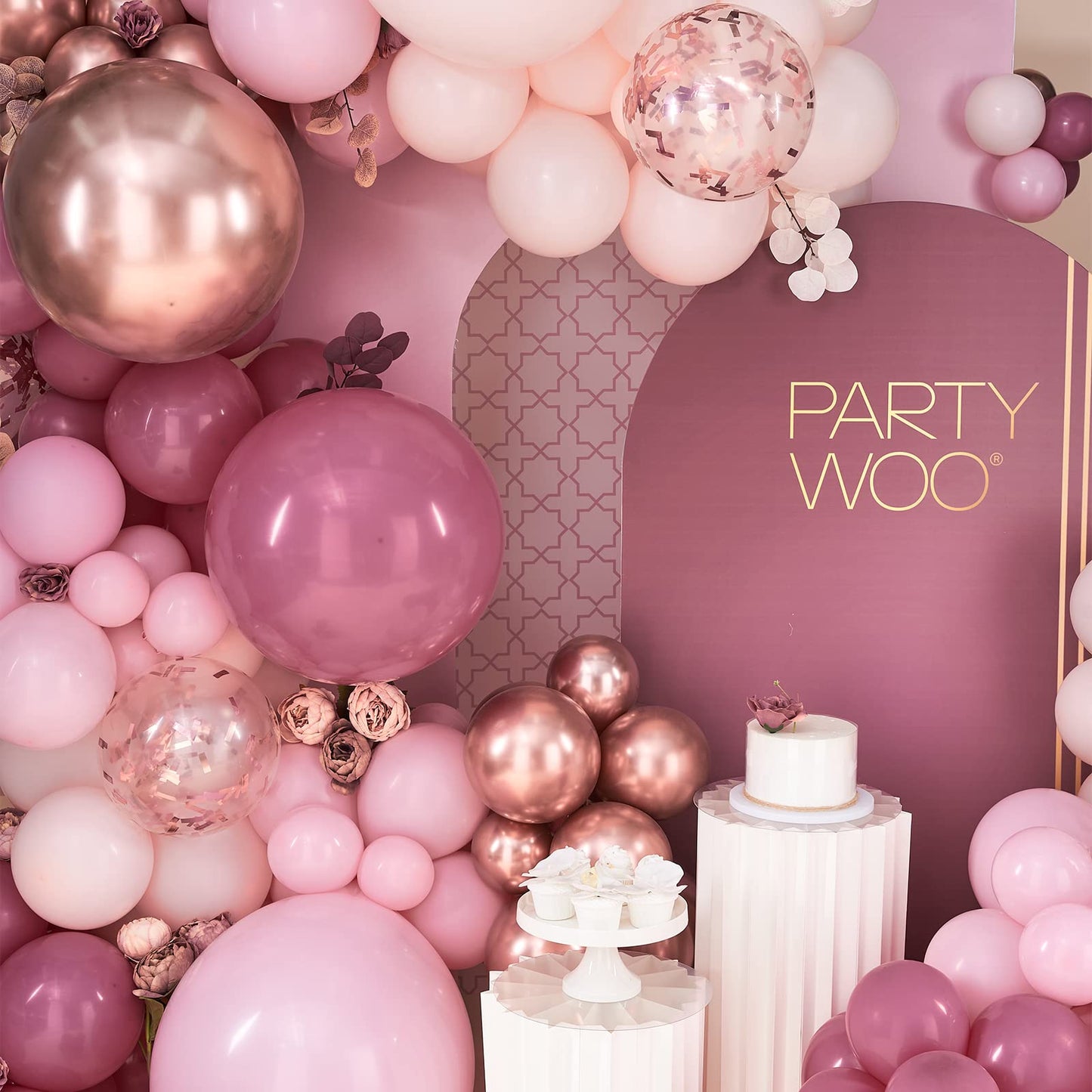 PartyWoo Balloon Arch Kit - 140 pcs Pink Garland, 18" Rubber Balloons, Dusty Rose, Rose Gold, Ideal for Birthday, Bridal Shower, Wedding