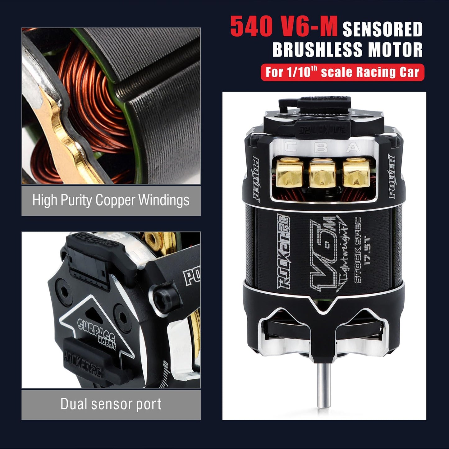 Surpass Hobby Rocket 540-V6M-sensored 21.5T KV Brushless Motor Light-Weight SPEC for 1/10 Scale RC Racing Car (shaft 5.0, 21.5T