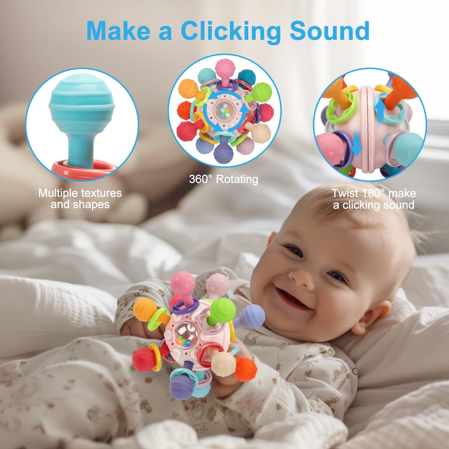 CAHILON Baby Teething Toys - Montessori Sensory Silicone Teethers for 0-18 Months - Pink