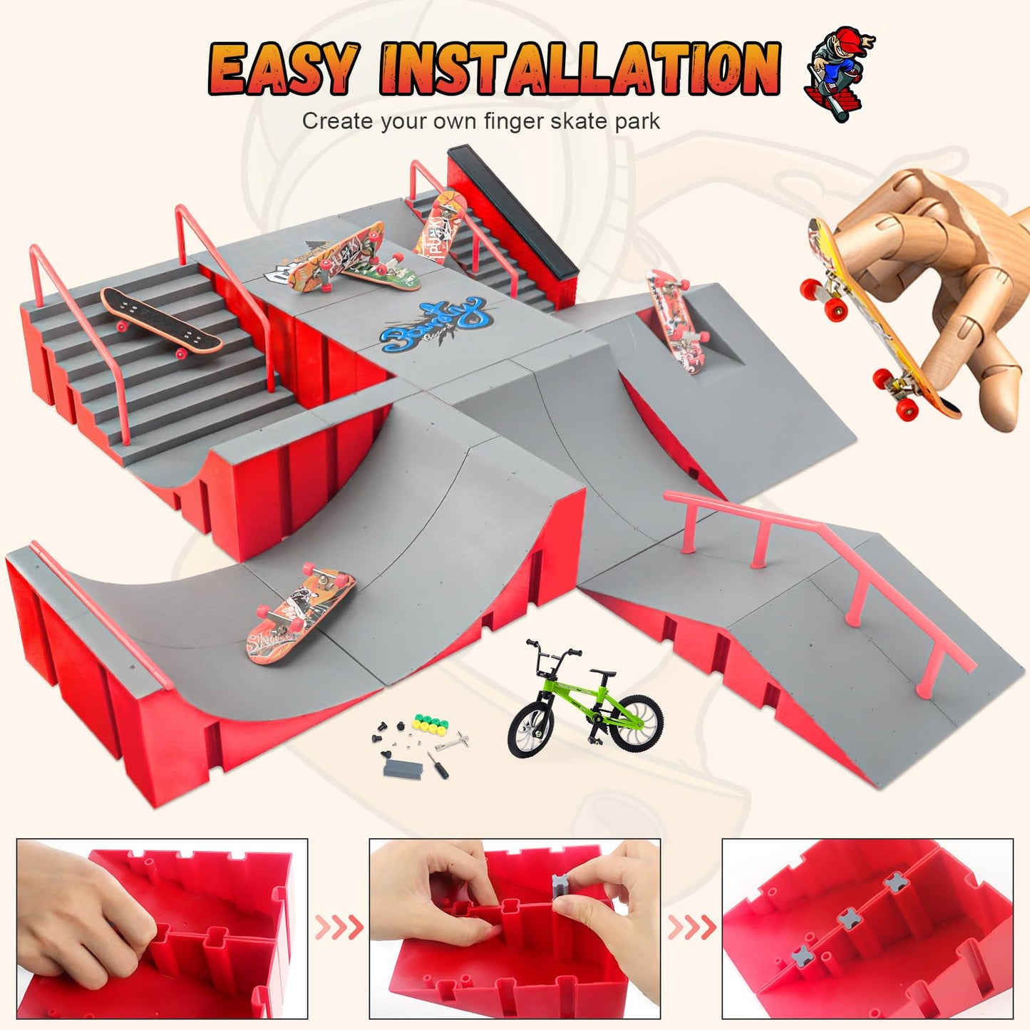Cs Cosddi Finger Skateboard Park Kits,Skateboard Finger Toys With 8 Finger Skateboards & 14 Skatepark Deck Ramp,1 Finger Bike Fo