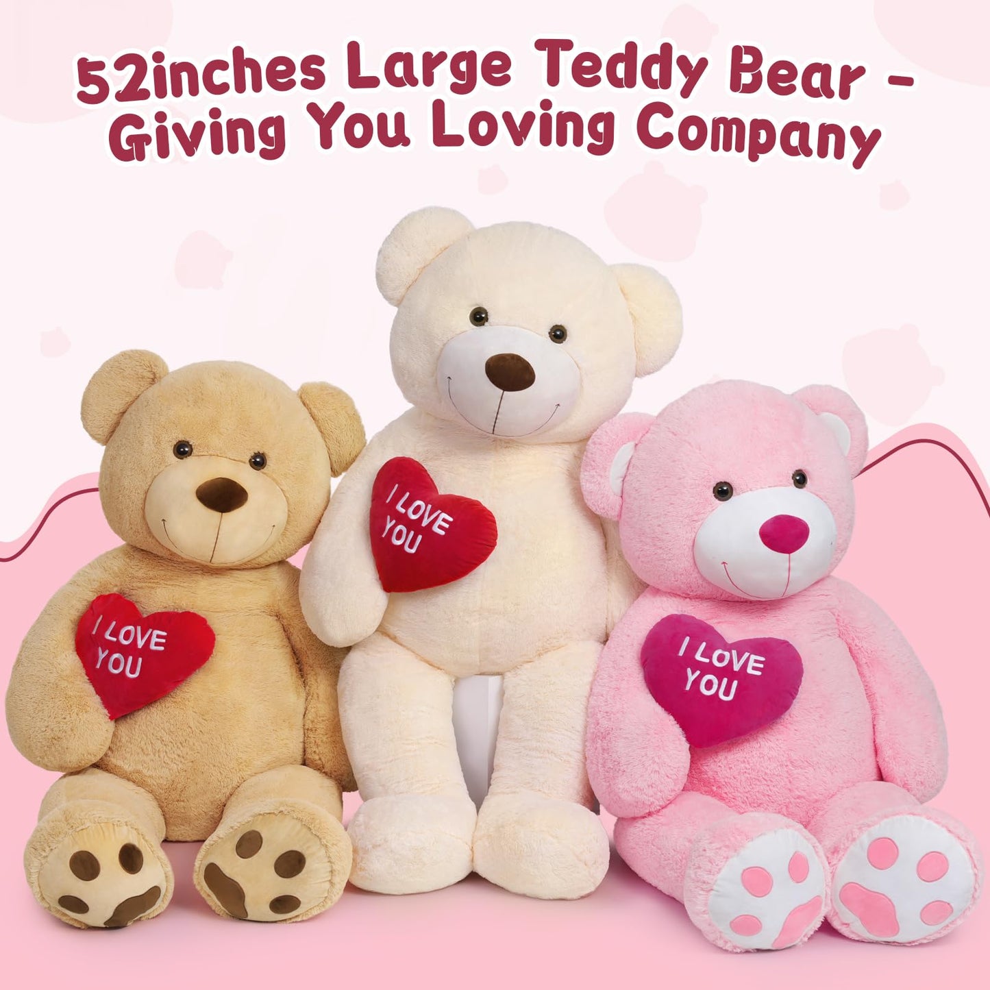 MaoGoLan 4.3ft Pink Teddy Bear Plush Toy with Red Heart - Giant Stuffed Animal Gift for Girlfriend, Boyfriend, Kids