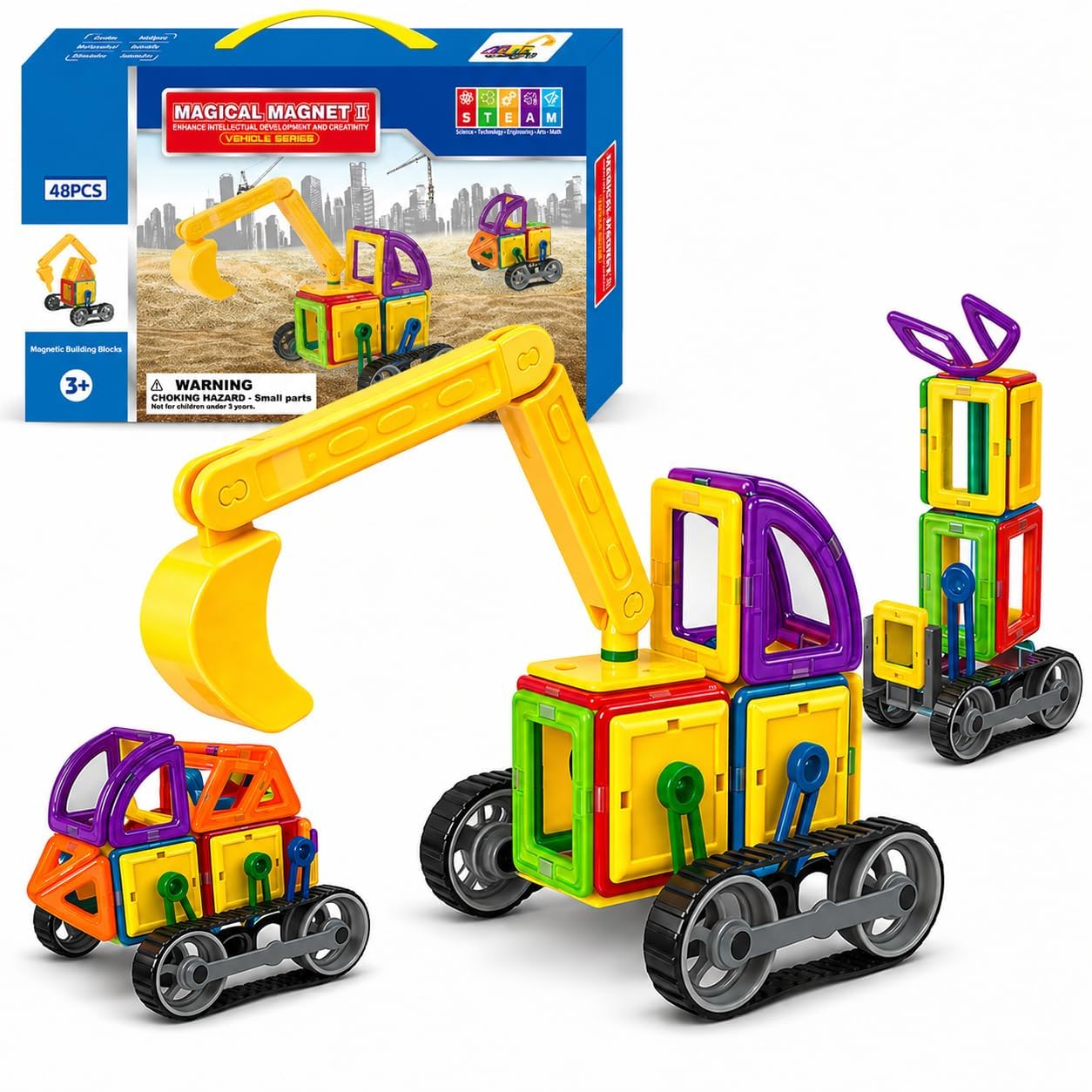 2Buds 48 Pcs Magnetic Building Blocks Construction Vehicle Set | Stem Educational Magnetic Tiles Toy With Excavator For Kids Boy