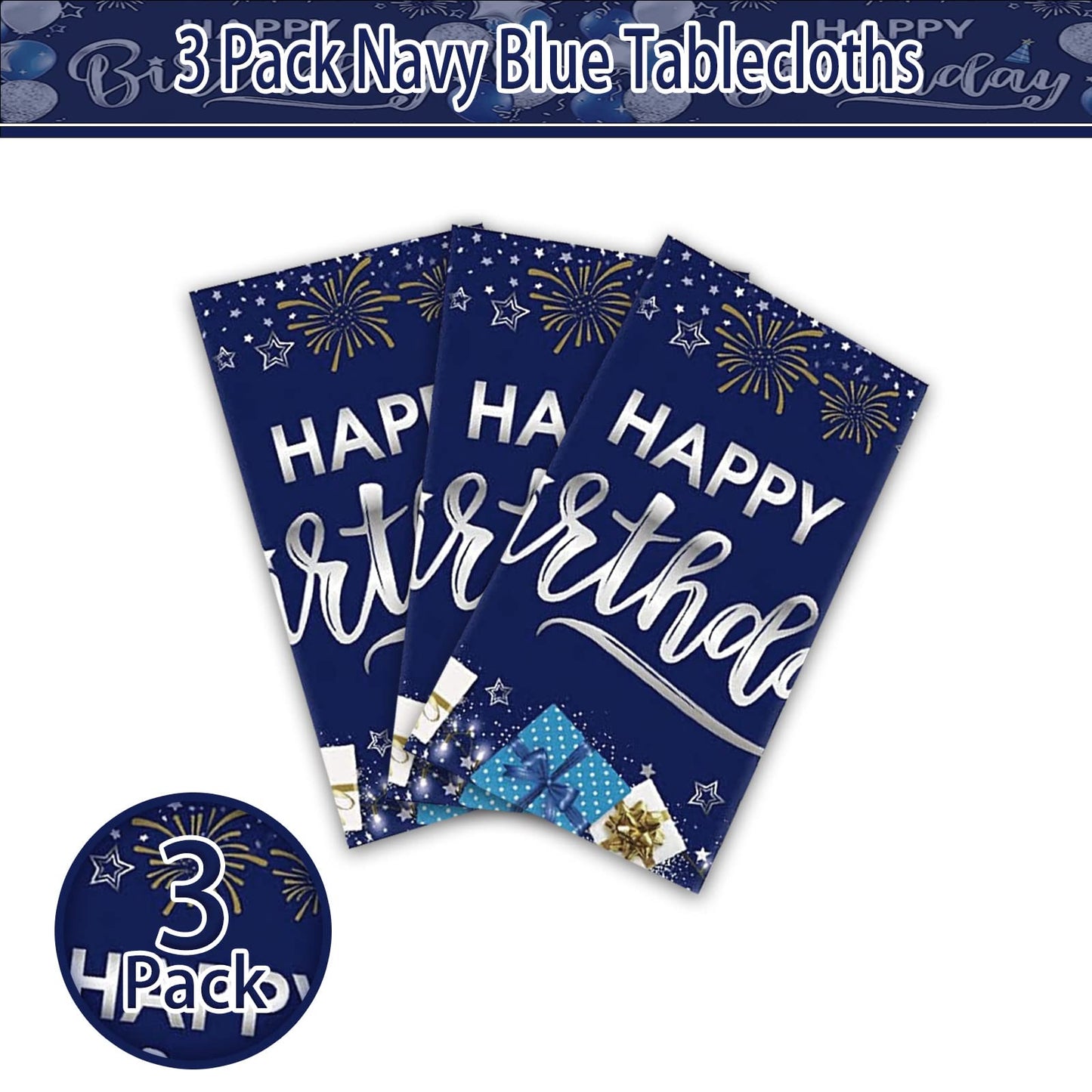 Kesfey Happy Birthday Tablecloths 3 Packs Navy Blue and Silver Birthday Tablecover 54 x 108 Inch Print Firework,Balloon Waterpro