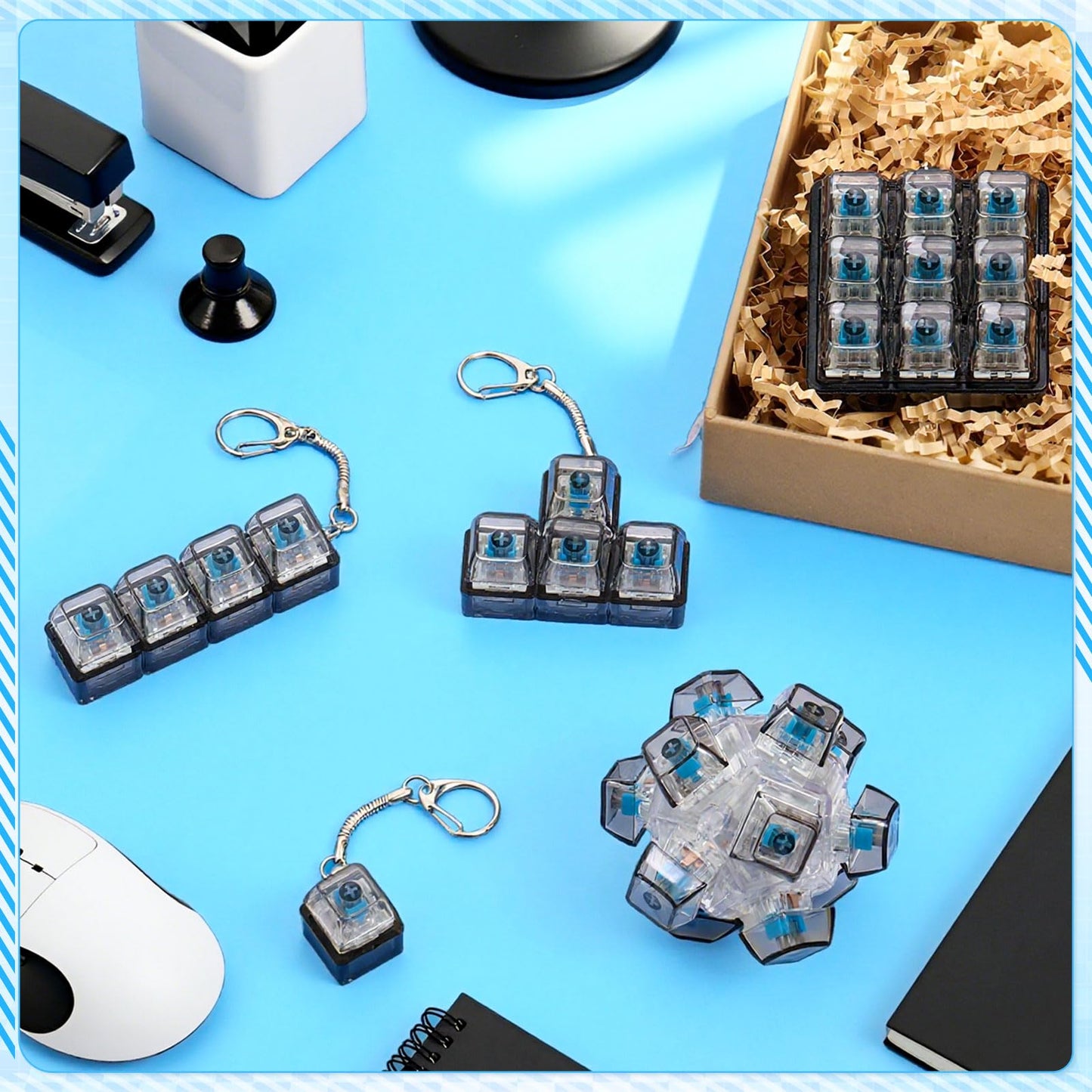 Halloscume 5 Pcs Keyboard mature-themed Fidget Toy Clicker Toy in 5 Styles Keyboard Fidget Keychain Cube Mechanical Key Button Clicker Stress Relief Gift for Office Home Pass Time(Black Transparent)