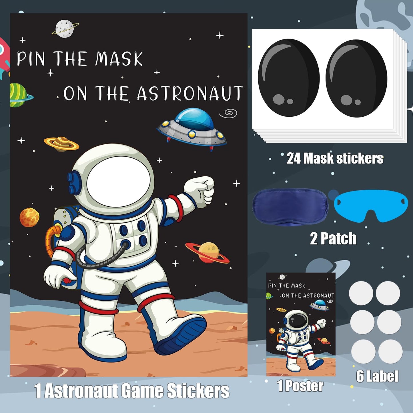 Hxezoc Pin The Mask On The Astronaut Game With 24 Pcs Mask Stickers, Large Astronaut Party Games Poster For Kids Solar System Outer Space Birthday Party School Classroom Carnival Party Supplies