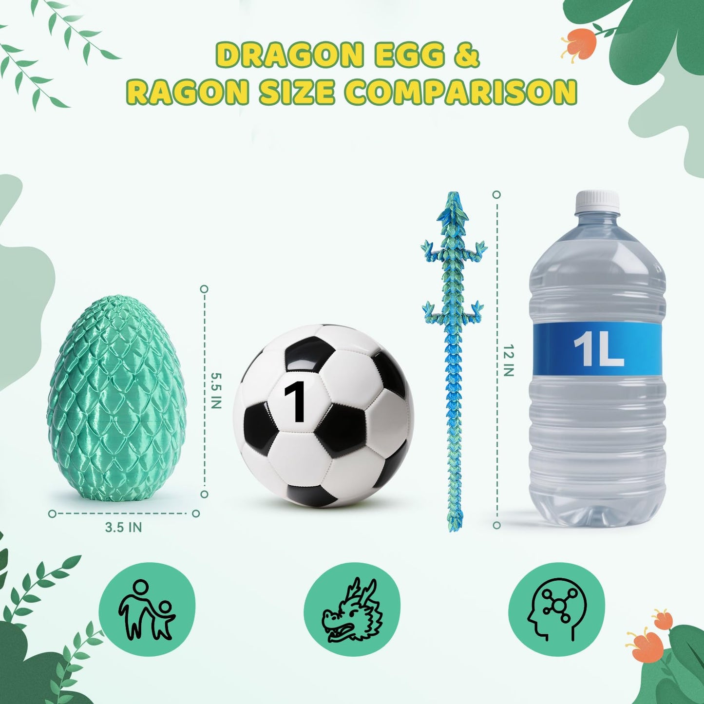 Mydethun 3D Printed Dragon Egg with Dragon Inside - Unique Executive Toy for Office Decor and Kids' Concentration; Green Egg