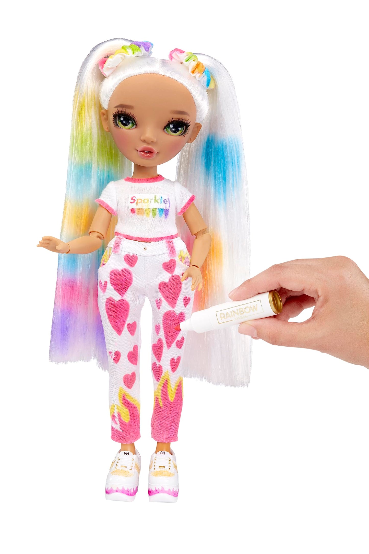 Rainbow High DIY Fashion Doll with Washable Markers, Green Eyes, Straight Hair, Bonus Accessories, Multicolor, Model 500407EUC
