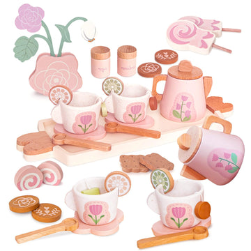 Smartwo Wooden Tea Set for Little Girls, Pretend Play Tea Party Set Toy with 27 PCS Play Kitchen Accessories, Princess Tea Set T