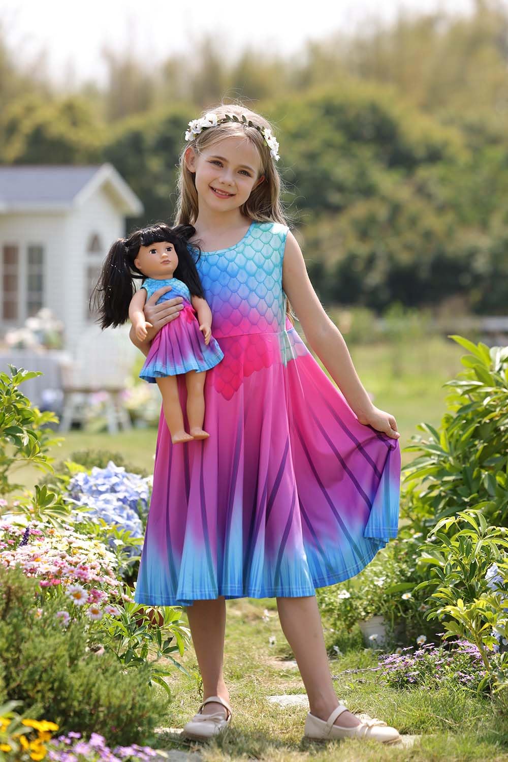 Bow Dream Girl Dress and Matching American Girl Doll Clothes Accessories Rainbow Mermaid Unicorn Size 120