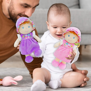 June Garden 12'' Soft Dolly Laura - Stuffed Soft Baby Doll Gift For 1 2 3 Year Old Girls - Purple Dress