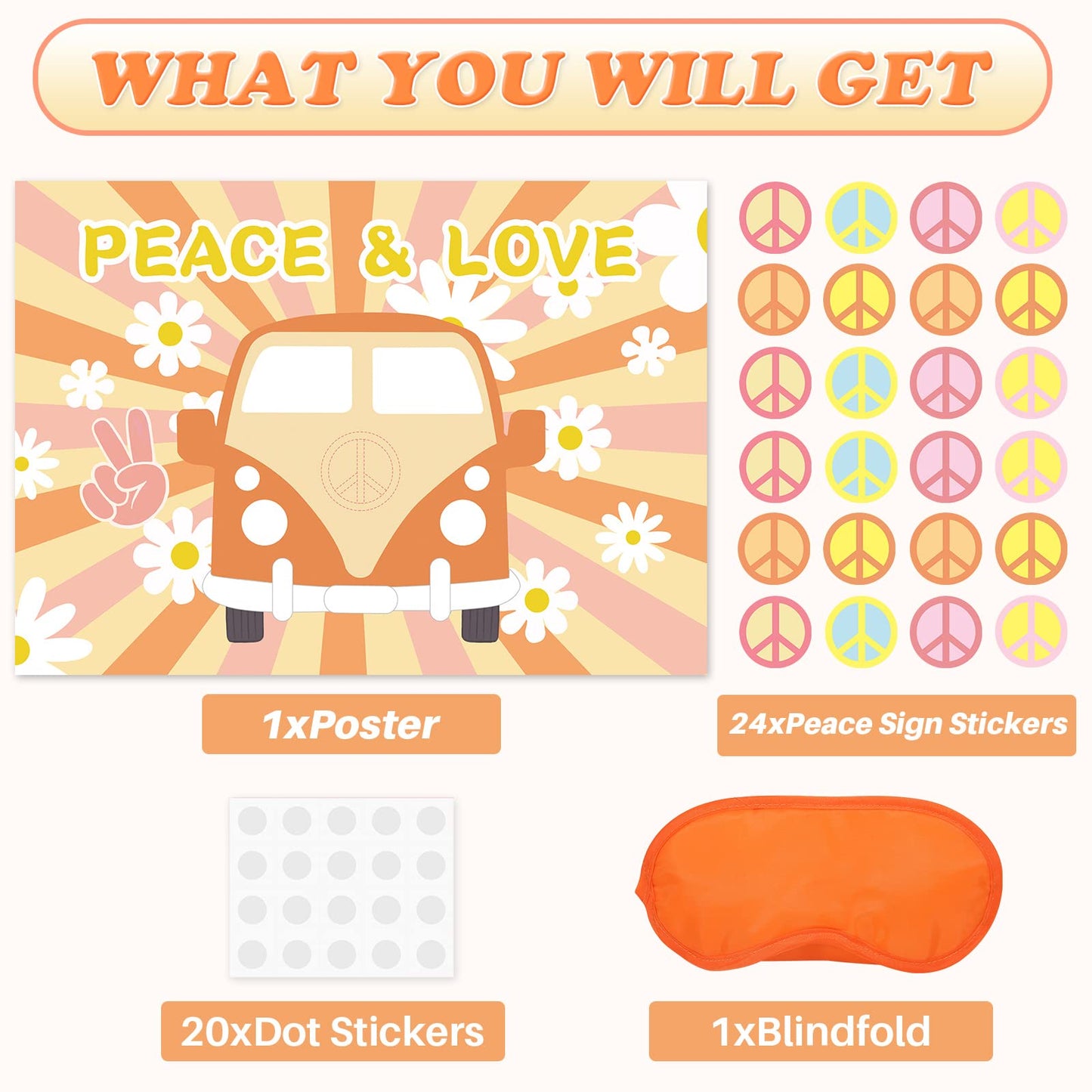 Joarhonal Pin The Peace Sign On The Hippie Van - Groovy Hippie Party Games For Kids 20'' X 28'' Groovy Game Poster With 24 Reusa