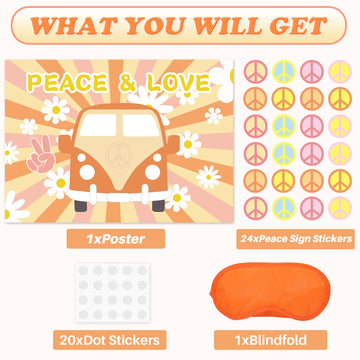 Joarhonal Pin The Peace Sign On The Hippie Van - Groovy Hippie Party Games For Kids 20'' X 28'' Groovy Game Poster With 24 Reusa