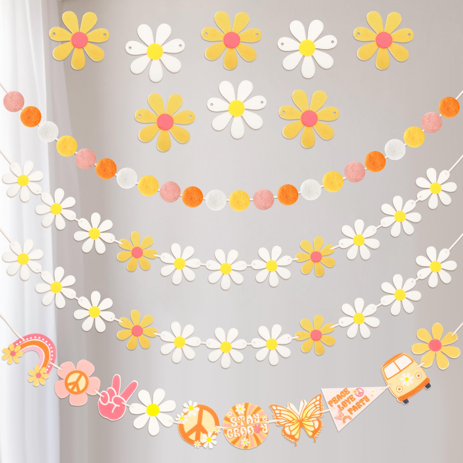 Tegeme 4 Pcs Groovy Party Decorations Garland Felt Ball Hippie Banner and Daisy Boho Garland Set with 6.5 ft Pom Pom Banner Spri