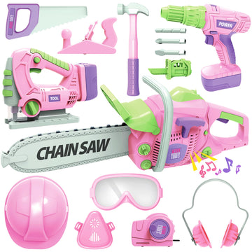 Kids Tool Set with Electric Toy Drill Chainsaw Jigsaw Toy Tools for Girl, Realistic Kids Power Construction Pretend Play Tools S