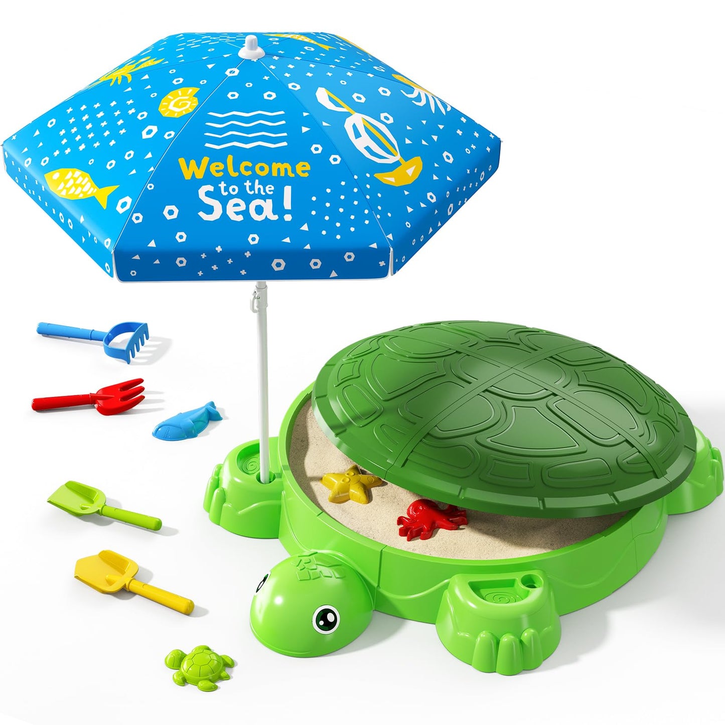 Wee Wonders Turtle Sandbox With Lid & Adjustable Umbrella, Sand Box With Cover Incl 8 Beach Toys, Kids Sand Activity Suit For Se