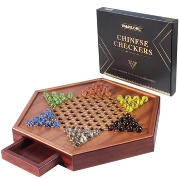 Vamslove Chinese Checkers 15' Large Upgraded Version Wooden Game Board, 16Mm 60+12 Colorful Glass Marbles, Easy Grasping For Adults And Kids, W/Storage Drawer, Fun For Family Gathering