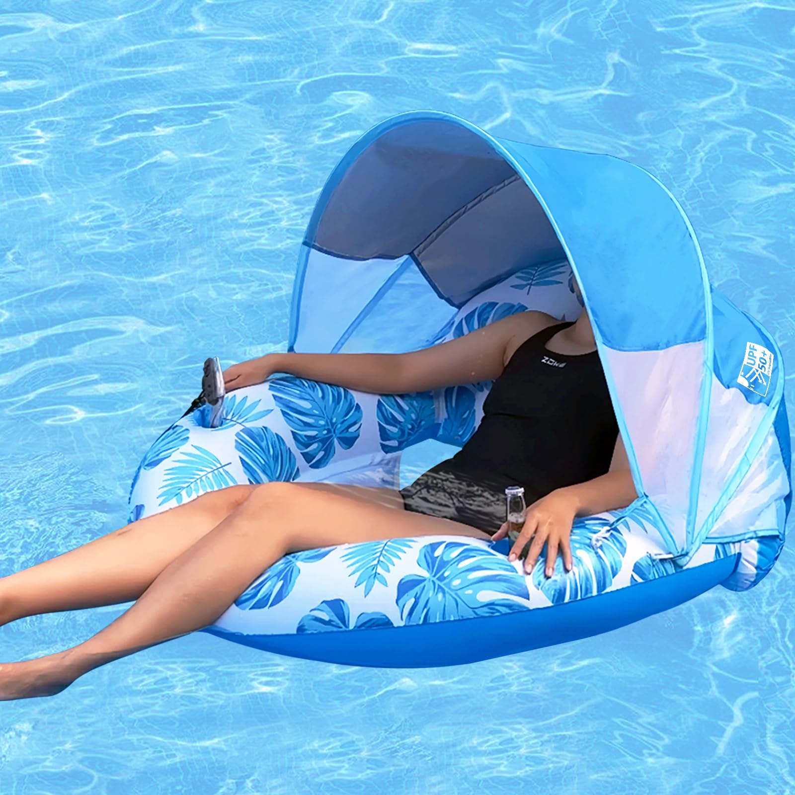 Coolcooldee New Upgraded Pool Chair Float With Shade,Xl Pool Floats For Adults Heavy Duty,Inflatable Pool Chair Lounge Float With Cup Holder & Backrest For Pool,Lake,Beach