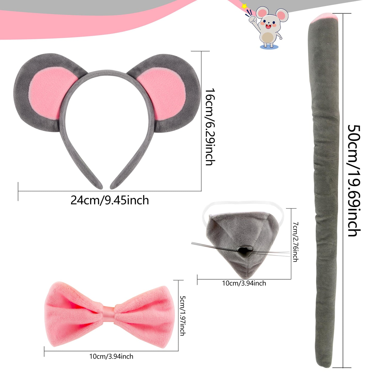 Sgbetter 8 Pcs Mouse Costume Mouse Ears Headband Nose Tail Gloves Bow Tie Grey Mouse Animal Accessories For Girls Women Hallowee