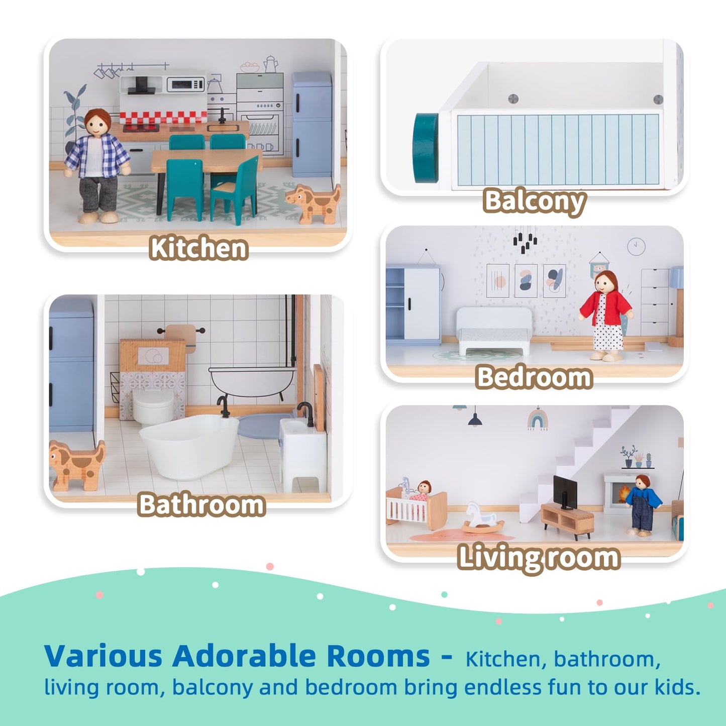 OOOK Wooden Dollhouse with Liftable Elevator - 2.6 Feet High Modern Doll House for Kids Toddlers - Including 21 Furniture Pieces  4 Family Dolls  and 1 pet