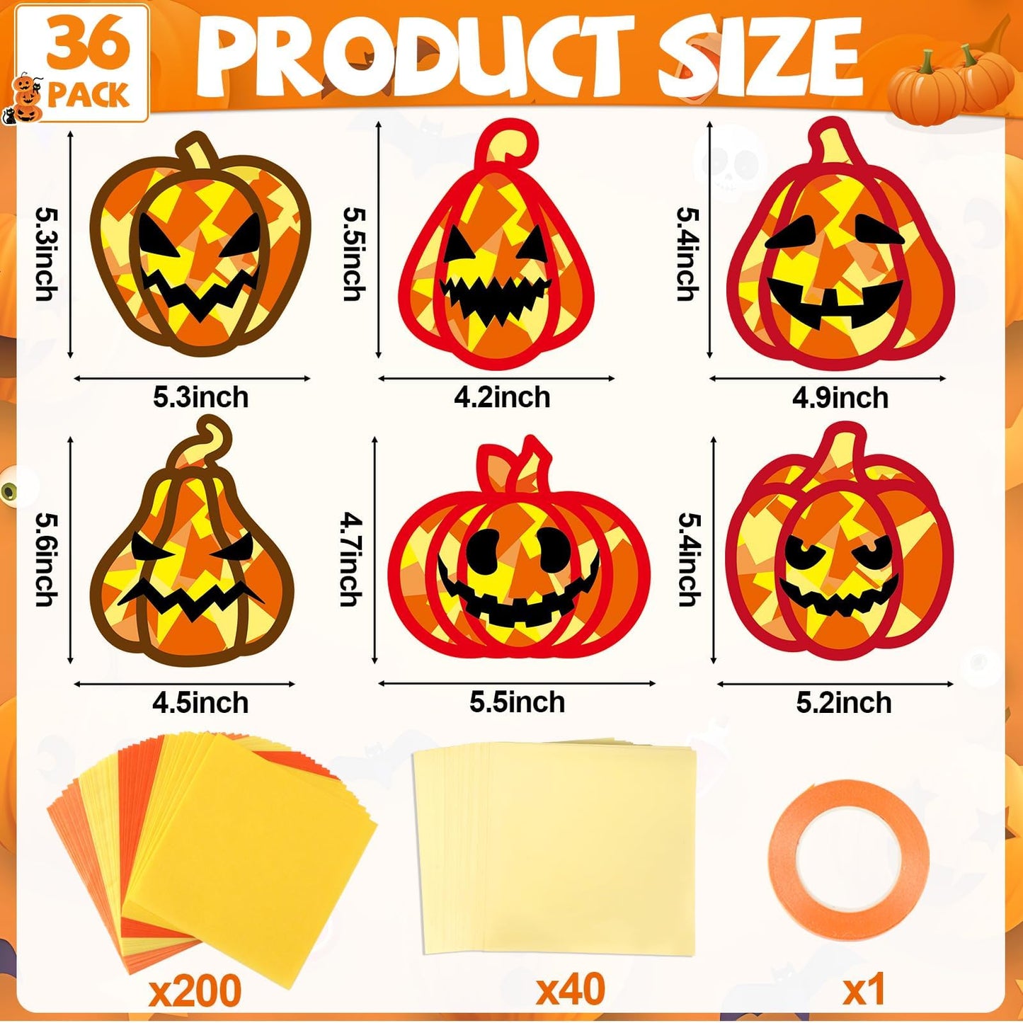 Qyeahkj 36 Set Fall Pumpkin Suncatchers Crafts for Kids DIY Thanksgiving Pumpkin Window Tissue Paper Crafts Kit Halloween Hangin