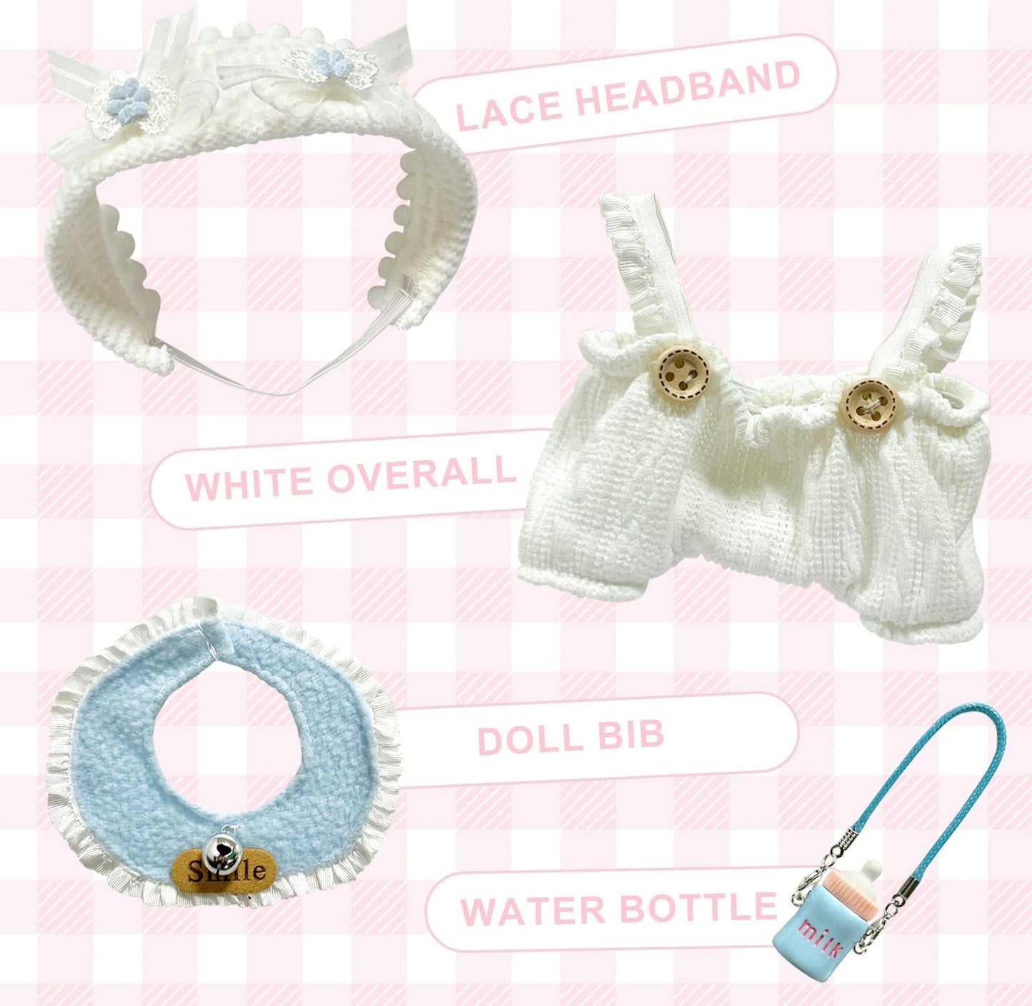 Doll Outfit for Labubu Clothes 4Pcs Cute Dolls Clothes Outfit Accessories with Headbands Bibs Jumpsuits Bottle(Color 1)