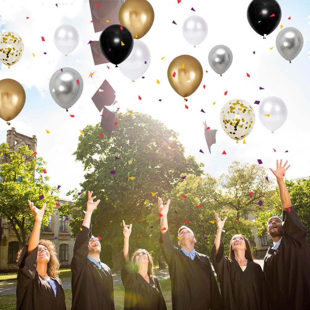 Black Gold Silver Party Balloons, 50Pcs 12 Inch Metallic Thicker Latex Confetti Balloons With Ribbon For Wedding Birthday Baby Shower Decorations (Blackgoldsilver50Pcs)