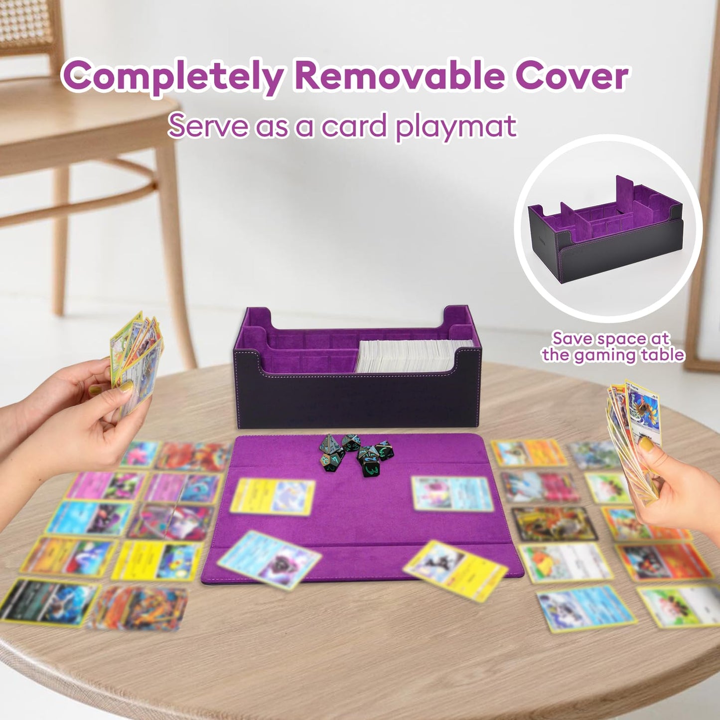 Tombert Premium Card Storage Box For Mtg Ptcg, Large Capacity With 4 Dividers And 4 Insertable Cards, 1600+ Pu Leather Commander Card Deck Case, Magnetic Closure Card Holder (Black&Purple)