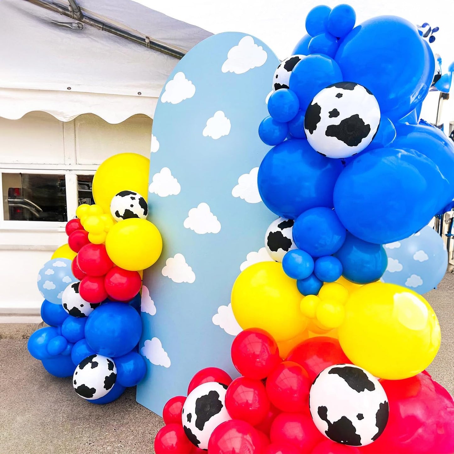 Toy Birthday Theme Balloons, 12 Inch Red Blue Yellow Balloons With Cow Print And Sky Blue Cloud Balloons For Kids Boys Cartoon S