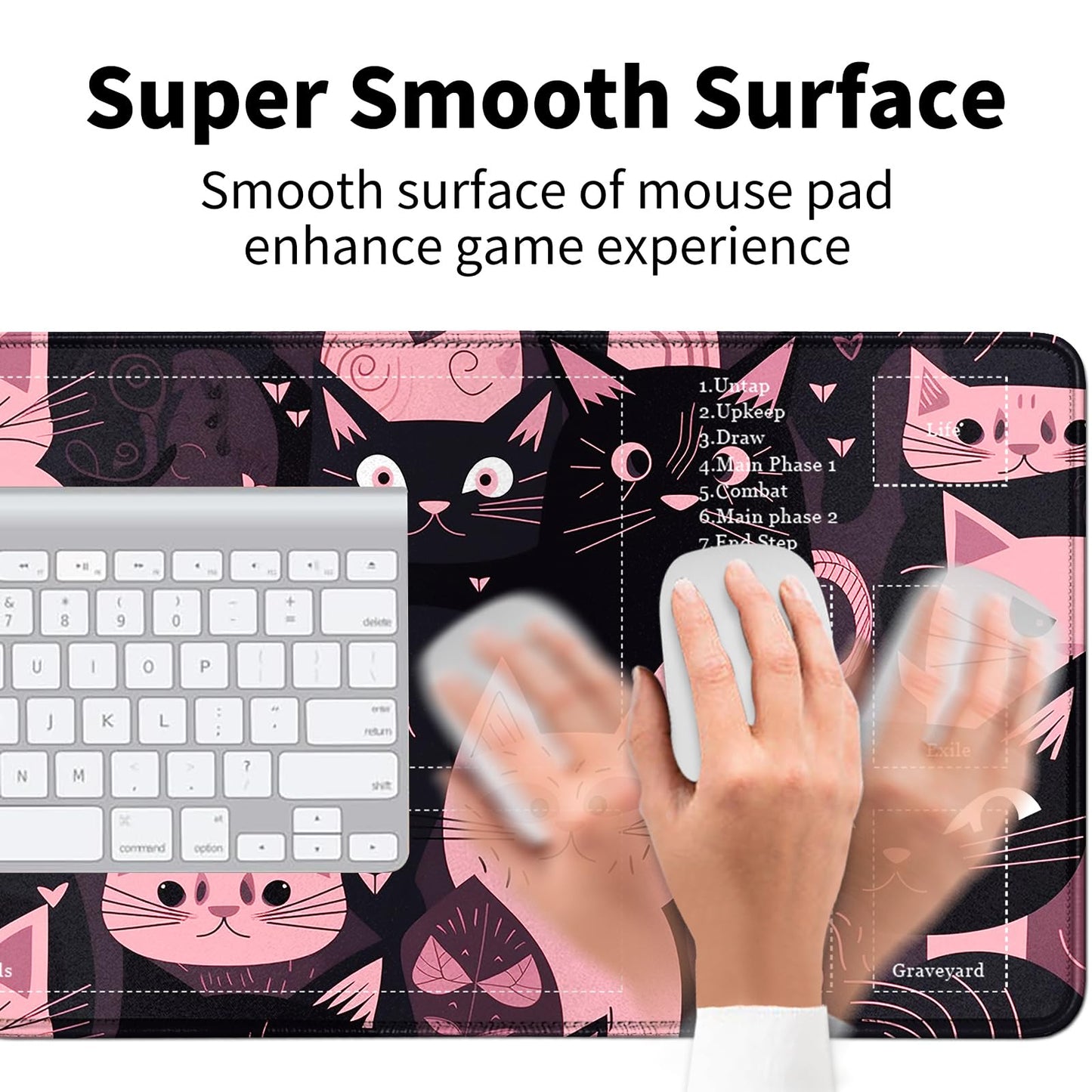 DIGTIALL Card Mat for MTG & TCG Playmat Mouse Pad 24 x 14 Game Mat for MTG RPG CCG Trading Card Game Playmats Table Mat Perfect for Card Games Video Games Computer Office Black and Pink Kitty