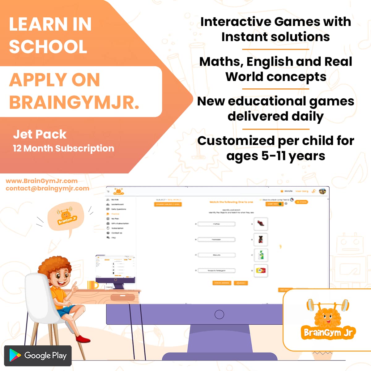 BrainGymJr Jet Pack  Twelve months | Games on Math, English, Real World Skills | Email Delivery