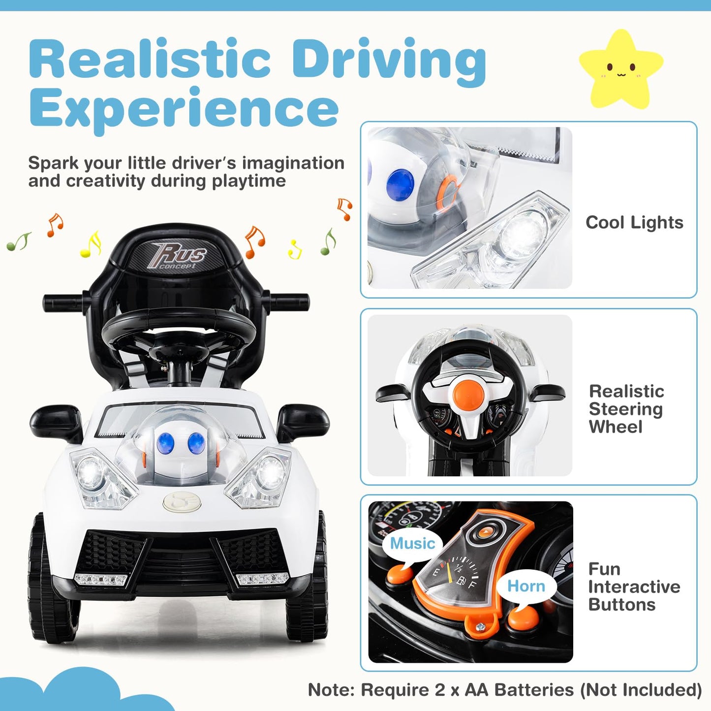 Costzon Push Car For Toddlers, 3 In 1 Stroller Sliding Walking Car With Handle, Canopy, Seat Belt, Horn, Music & Lights, Under-S