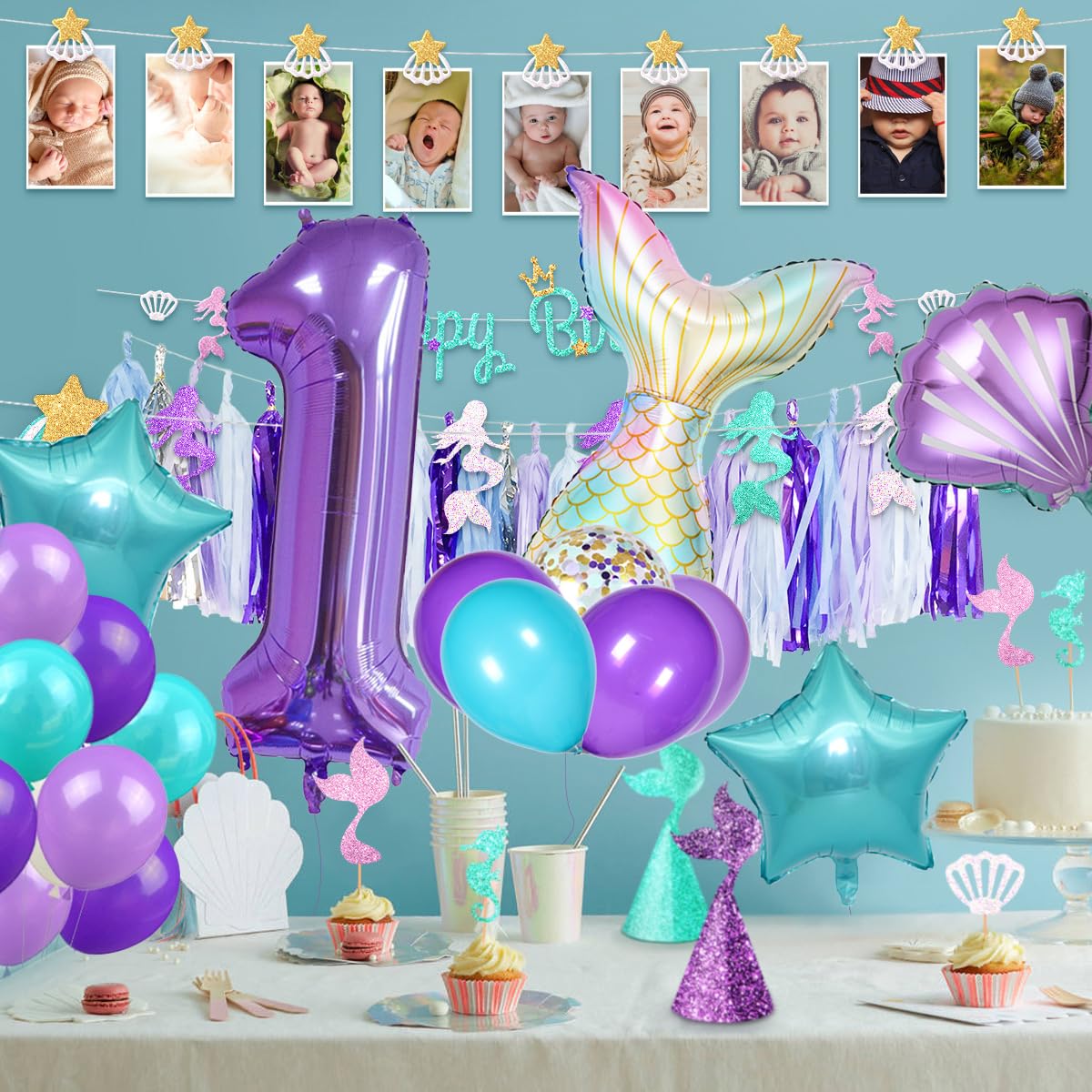 Msmancy Mermaid Birthday Decorations For Girls, 25Pcs Mermaid Party Supplies Set With Mermaid Tail, Shell, Star, Latex Balloons