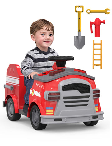 Bupplee 12V Electric Ride-On Fire Truck For Toddlers, Kids Vehicle With Toy Fire Extinguisher, Alarm Lamp, Siren-Call, Wrench Se