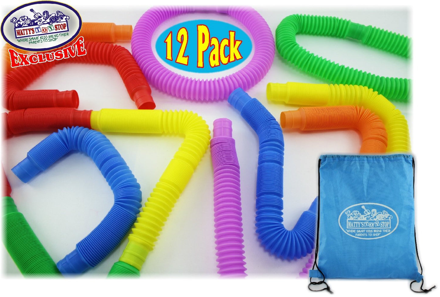 Matty's Toy Stop Pull 'N Pop Multi-Color Tubes (Toobs) with Storage Bag - 12 Pack