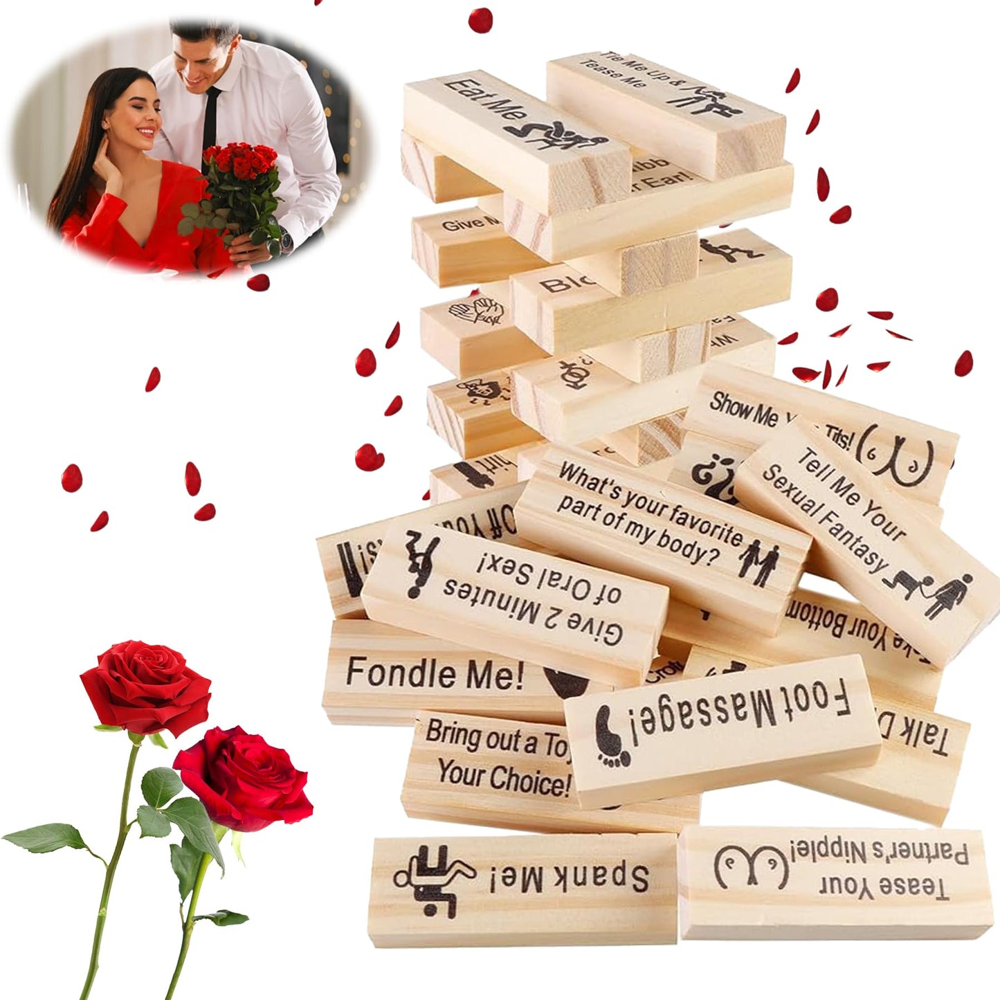 Donciety 48 Pcs Wooden Tumble Tower Blocks Game, Couples Games For Adults Valentine Stacking Blocks Game Stacking Wooden Block G