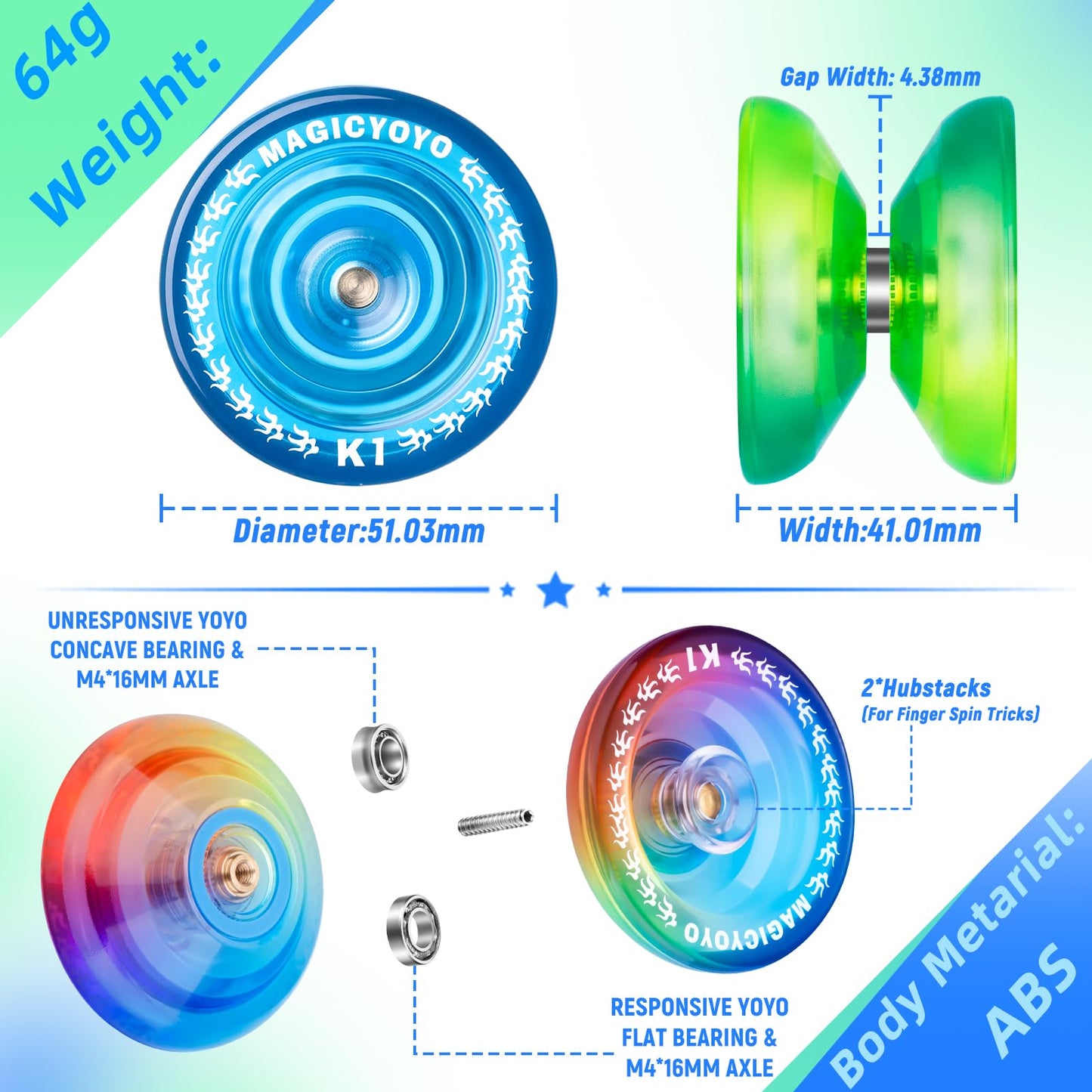 MAGICYOYO Pack of 3 Responsive Yoyos K1 Tug Return Hubstacks Yo-yo for Kids Beginners Dual Purpose with Unresponsive Bearings Kit + 3 Bags+18 Yoyo Strings(Crystal Blue +Green Yellow +Blue Pink Yellow)