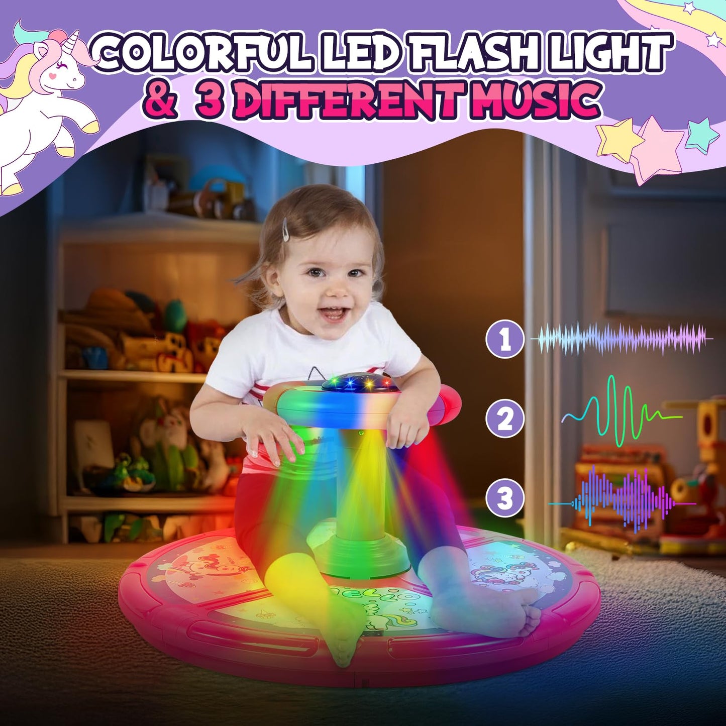 Unicorn Sit And Spin, Godelaif Sit And Spin Toy 360 Spinning Stool Seat Sensory Toys Christmas Birthday Gift With Music & Led Li