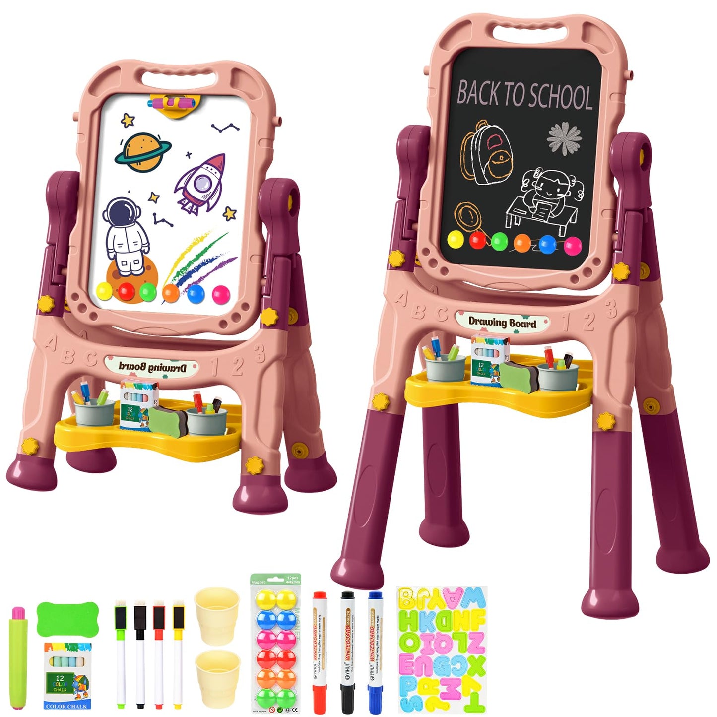 Ylovetoys Kids Art Easel, Adjustable Drawing White Board & Chalk Board, Toddler Standing Easel With Painting Accessories, Gift F
