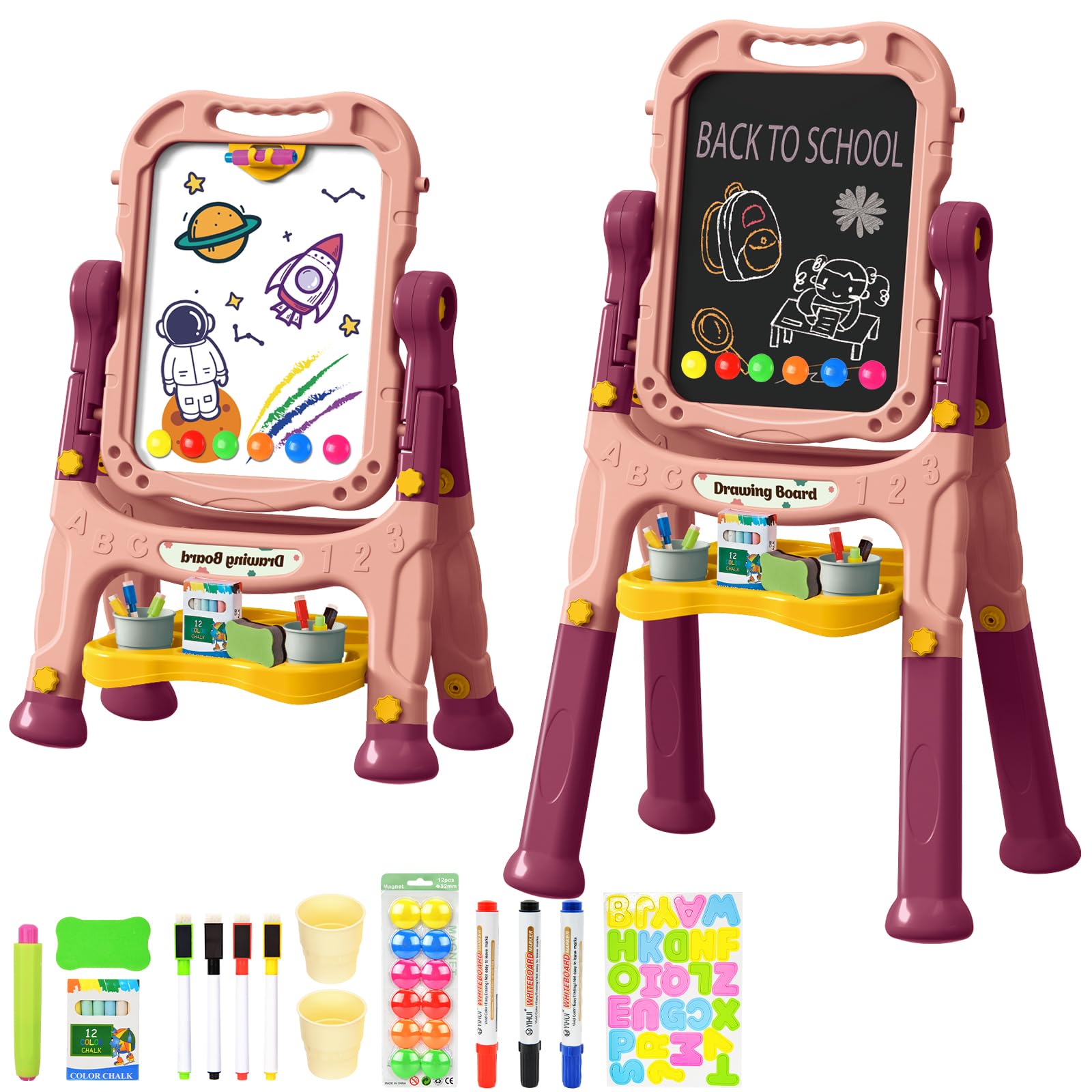 Ylovetoys Kids Art Easel, Adjustable Drawing White Board & Chalk Board, Toddler Standing Easel With Painting Accessories, Gift F