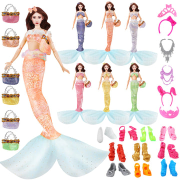 Mlcnles Mermaid Doll Dress For 11.5 Inch Dolls Clothes Include 6 Sets Mermaid Bikini Swimsuit 6 Mermaid Tail 6 Handbags 6 Crown 10 Shoes, 11.5‘’ Costume For Girls Doll Present Christmas