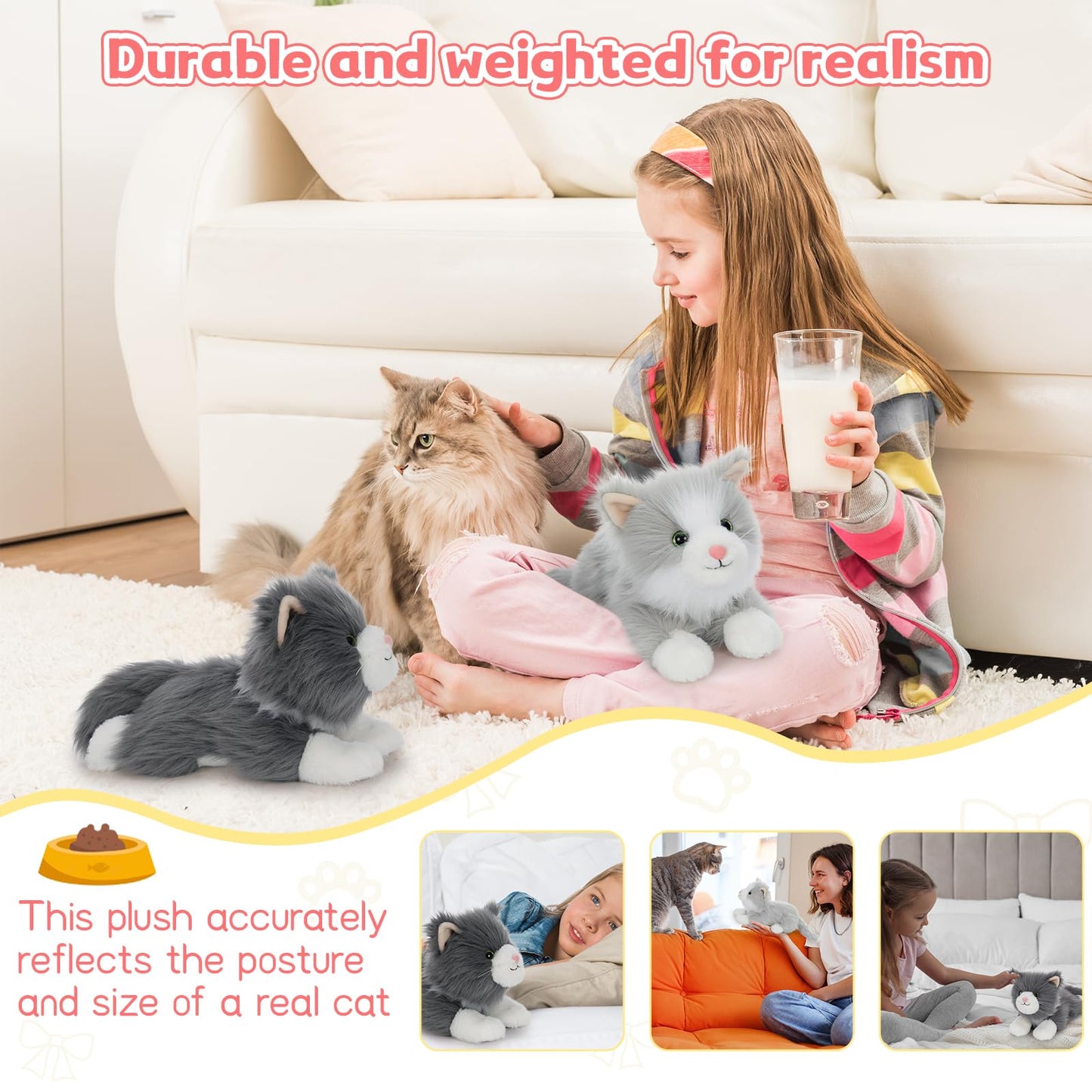 Tezituor 17inches Cute Cat Stuffed Animals  2 Pcs Realistic Stuffed Kitten Cat Plush Toy Gift for Christmas Birthday Girl Boy (Blue & Gray)