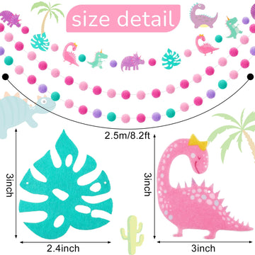 Kingdder 3 Pcs Pink Dinosaur Banner Party Decoration for Girls Pink Pom Pom Birthday Garland Felt Ball Banner Dinosaur Theme Hol
