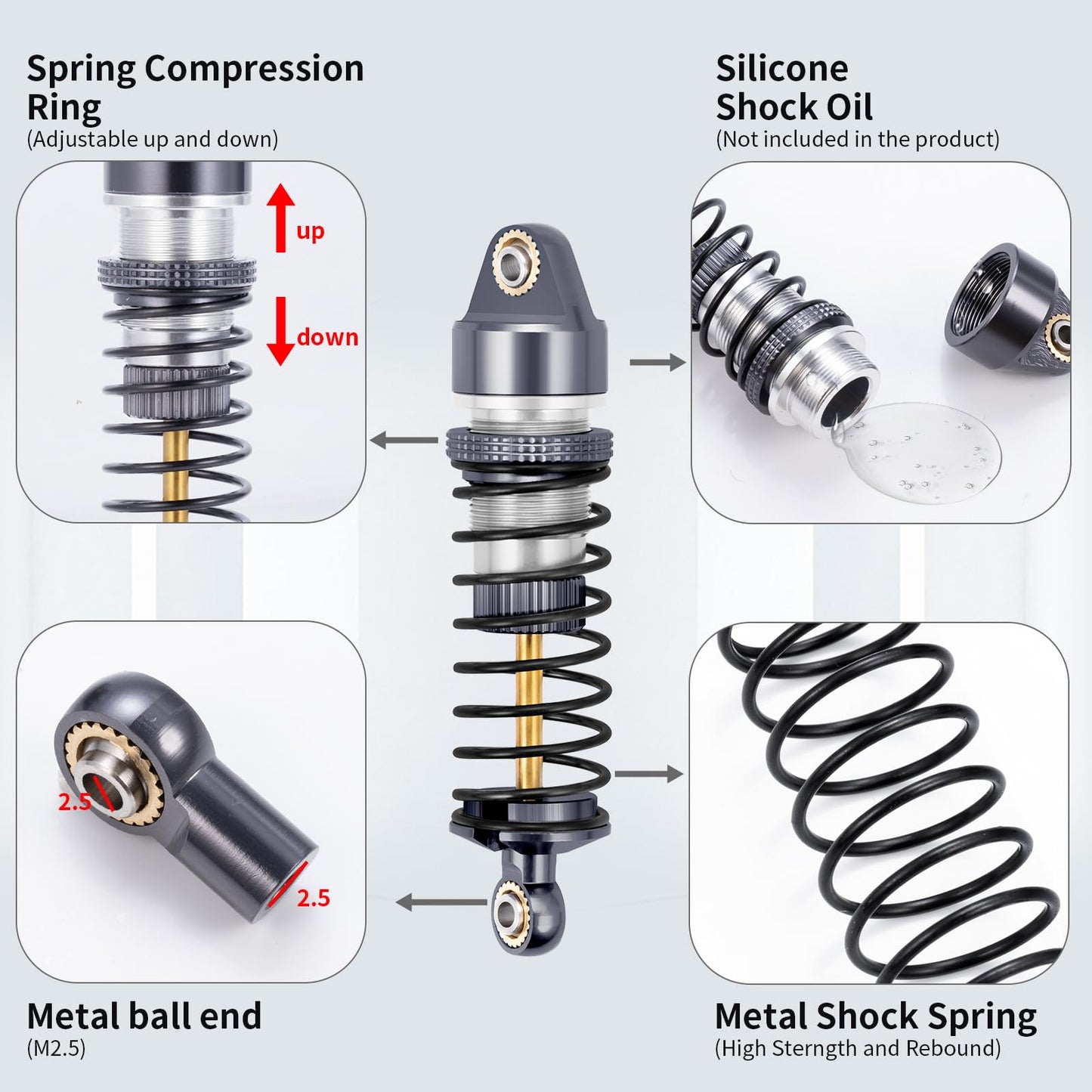 Brkrc Aluminum Front Rear Shocks Absorber Rc Damper For Arrma 1/18 Granite Typhon Mojave Grom Rc Crawler Upgrade (Titanium)