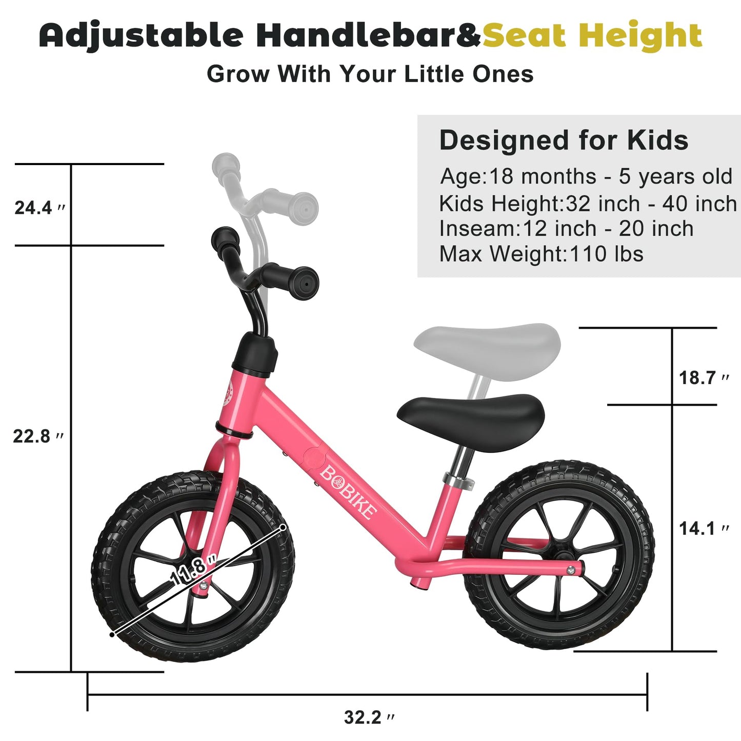 Bobike Toddler Balance Bike Toys For 2 To 5 Year Old Girls Boys Adjustable Seat And Handlebar No-Pedal Training Bike Best Gifts For Kids (Red)